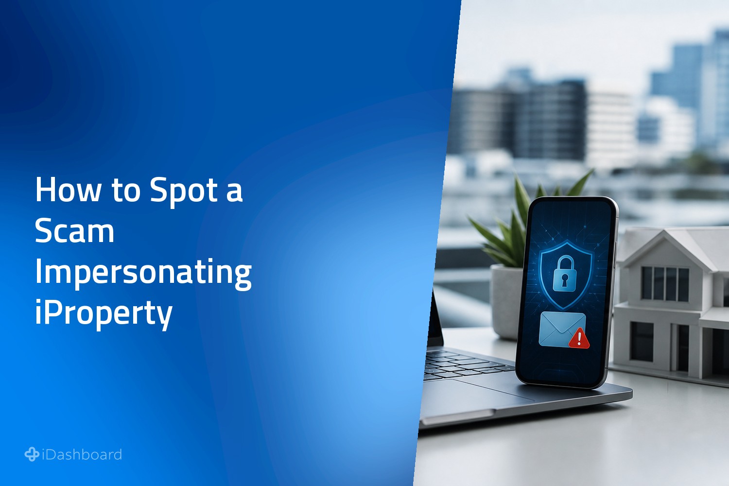 Security reminder graphic showing a phone with a padlock and suspicious email alert beside a model home