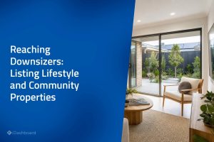 Single-level downsizer home interior with courtyard outlook, alongside the article title on the iDashboard blue gradient